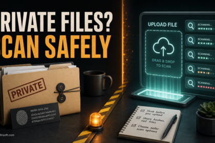 Private file folder beside a cautious online scan upload screen.