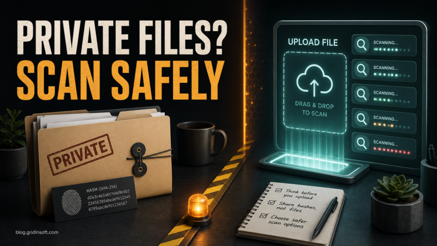 Private file folder beside a cautious online scan upload screen.