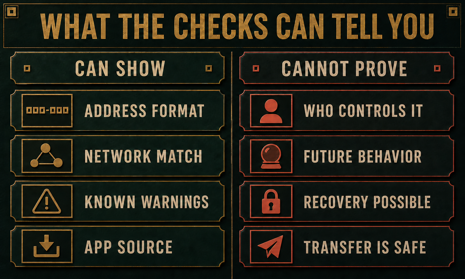 Two-column infographic showing what crypto wallet checks can show and what they cannot prove.