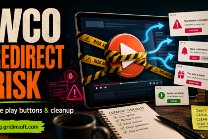 WCO redirect risk from fake play buttons, warning popups, downloads, and cleanup steps.