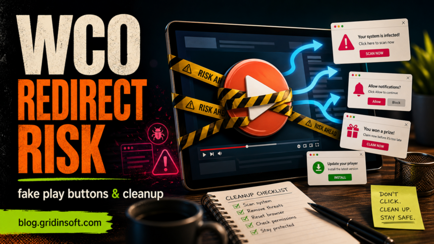 Is WatchCartoonOnline Safe? WCO Redirect Risks and Cleanup 1 WCO redirect risk from fake play buttons, warning popups, downloads, and cleanup steps.