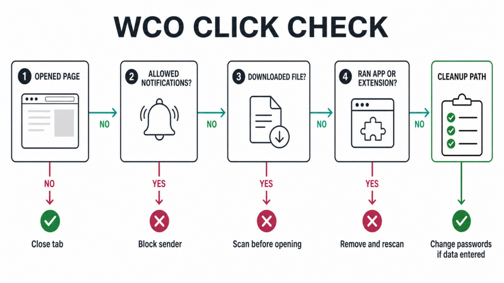Is WatchCartoonOnline Safe? WCO Redirect Risks and Cleanup 3 Decision flow for closing a WCO clone page, blocking notifications, scanning downloads, and changing passwords after data entry.