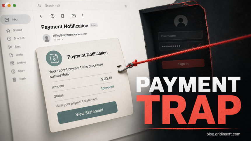 Fake payment notification email being pulled toward a phishing sign-in trap.