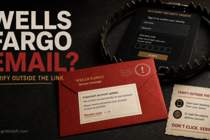 Wells Fargo account security update email leading toward a credential and one-time-code trap.