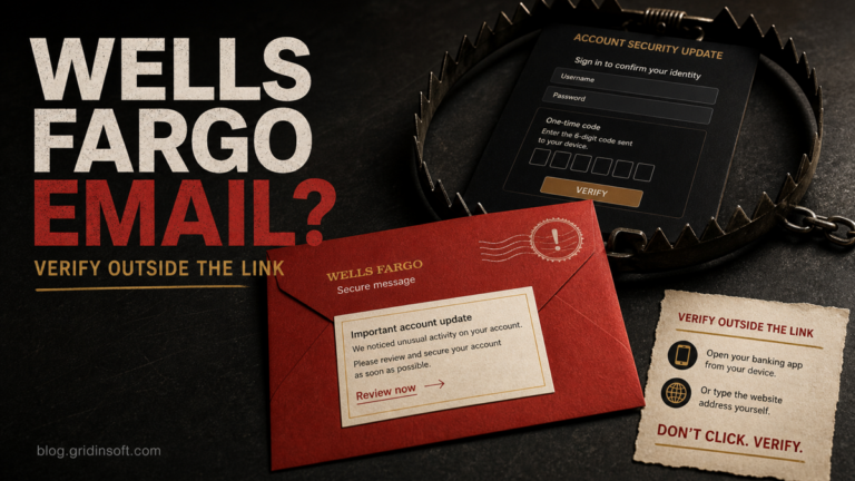 Wells Fargo account security update email leading toward a credential and one-time-code trap.