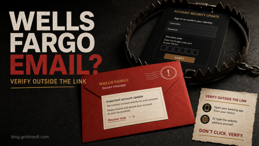 Wells Fargo Account Security Update Email Scam: Fake Secure Message 1 Wells Fargo account security update email leading toward a credential and one-time-code trap.