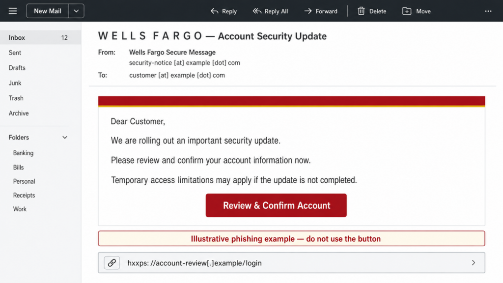 Wells Fargo Account Security Update Email Scam: Fake Secure Message 2 Wells Fargo Account Security Update phishing email with a non-bank sender and Review and Confirm Account button.