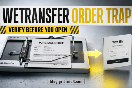 A purchase order caught in a transfer-window trap that leads toward a fake sign-in form.