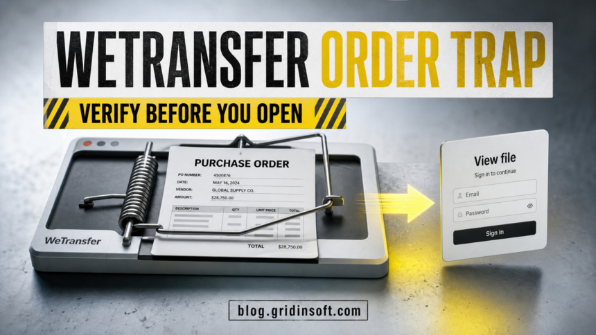 Purchase Order Sent via WeTransfer Email Scam: Fake Document Login 1 A purchase order caught in a transfer-window trap that leads toward a fake sign-in form.