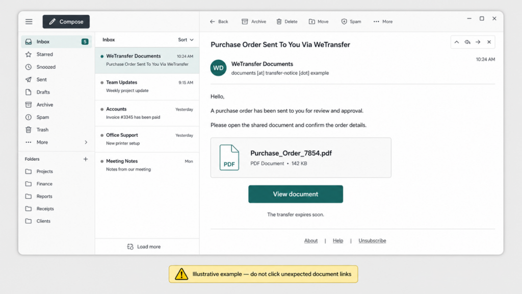 Purchase Order Sent via WeTransfer Email Scam: Fake Document Login 2 Purchase Order Sent To You Via WeTransfer email with a PDF card, View document button, expiry warning, and suspicious sender.