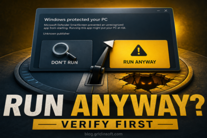 A Windows protected your PC warning with a choice to verify the file or click Run Anyway over a hidden trap.