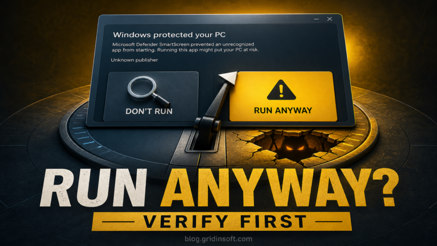A Windows protected your PC warning with a choice to verify the file or click Run Anyway over a hidden trap.