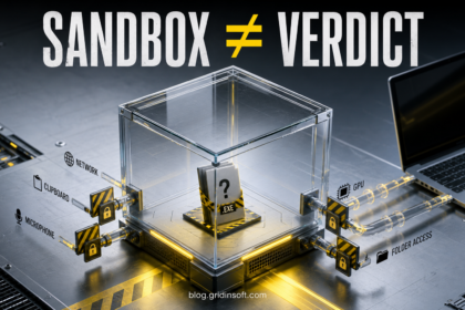 Windows Sandbox cube isolating a suspicious EXE while host-facing channels are locked