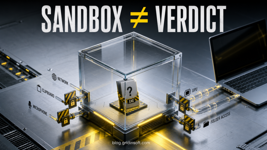 Is Windows Sandbox Safe for Testing Suspicious Files? 1 Windows Sandbox cube isolating a suspicious EXE while host-facing channels are locked