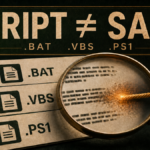 BAT, VBS, and PS1 script files under a magnifier with a burning fuse