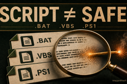 BAT, VBS, and PS1 script files under a magnifier with a burning fuse