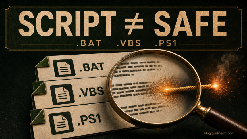 BAT, VBS, and PS1 script files under a magnifier with a burning fuse
