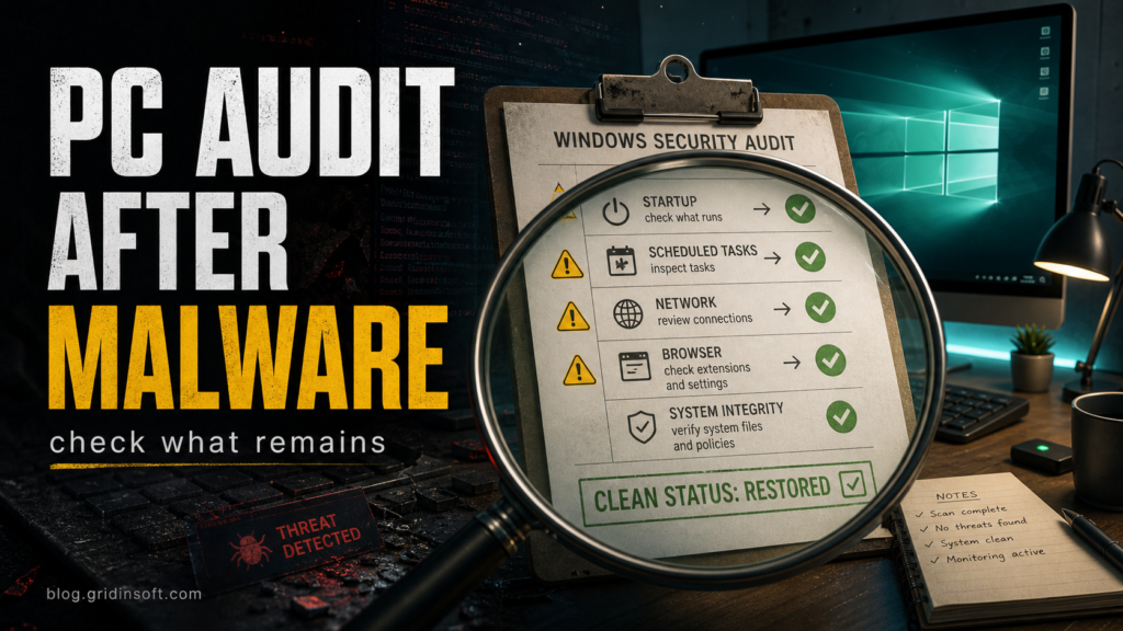 Windows PC audit checklist after malware, with startup, scheduled task, network, browser, and system integrity checks.