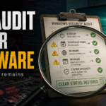 Windows PC audit checklist after malware, with startup, scheduled task, network, browser, and system integrity checks.
