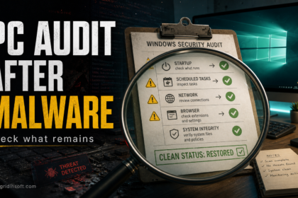 Windows PC audit checklist after malware, with startup, scheduled task, network, browser, and system integrity checks.