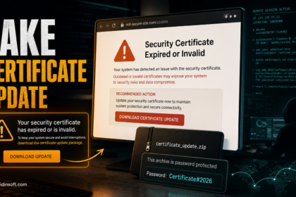 Fake Windows Security certificate update scam leading to a password-protected download