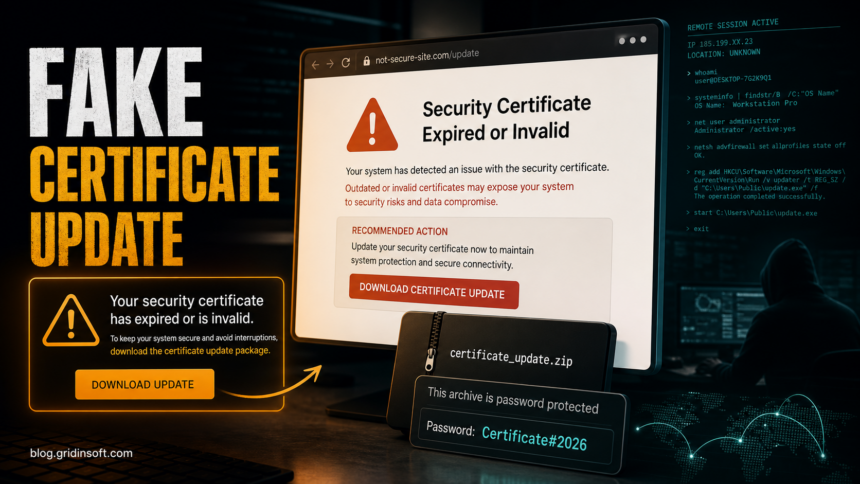 Windows Security Certificate Expired/Invalid Pop-Up Scam: XWorm RAT Warning 1 Fake Windows Security certificate update scam leading to a password-protected download