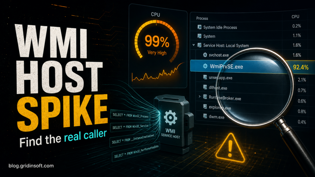 WMI Provider Host high CPU diagnostic with WmiPrvSE.exe highlighted.