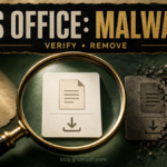 Magnifying glass comparing a verified WPS Office download with a suspicious copy.