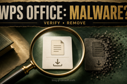 Magnifying glass comparing a verified WPS Office download with a suspicious copy.