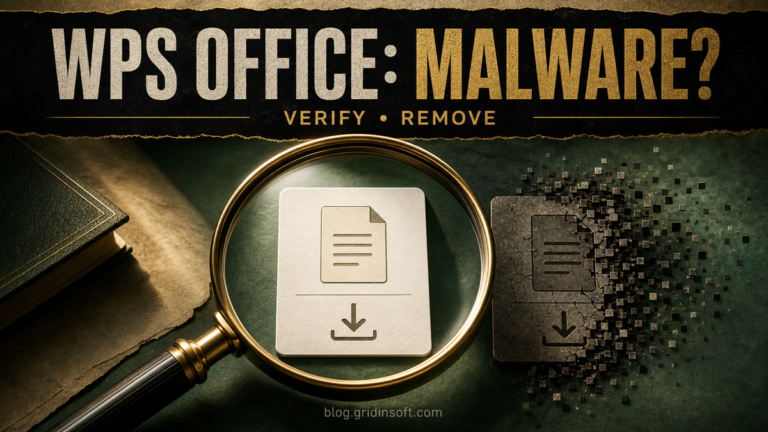 Magnifying glass comparing a verified WPS Office download with a suspicious copy.
