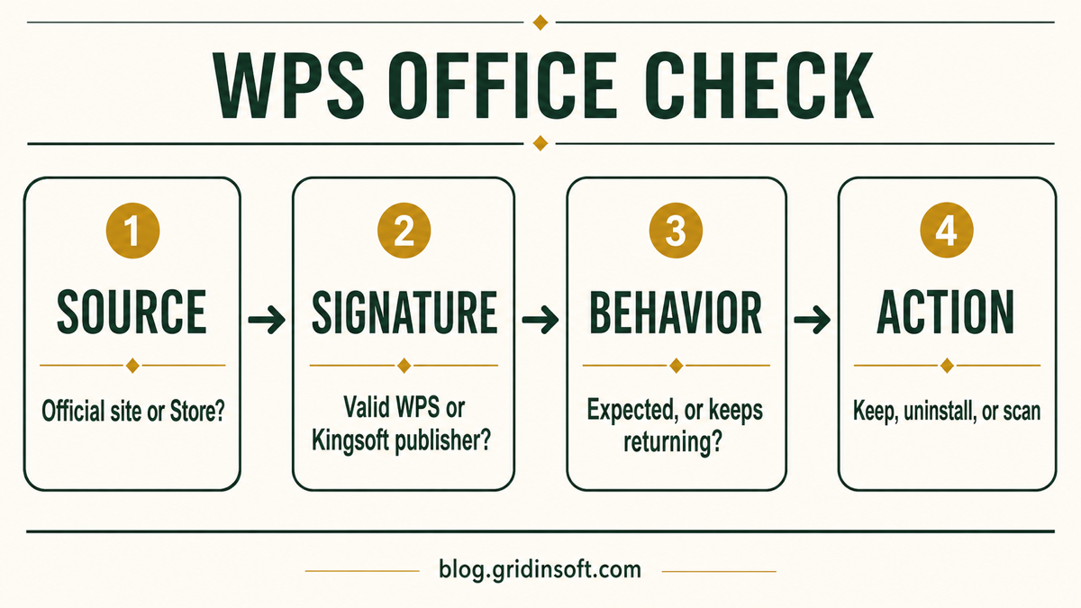Is WPS Office Malware? Safety Check and Complete Removal 2 Four-step WPS Office check covering source, signature, behavior, and action.