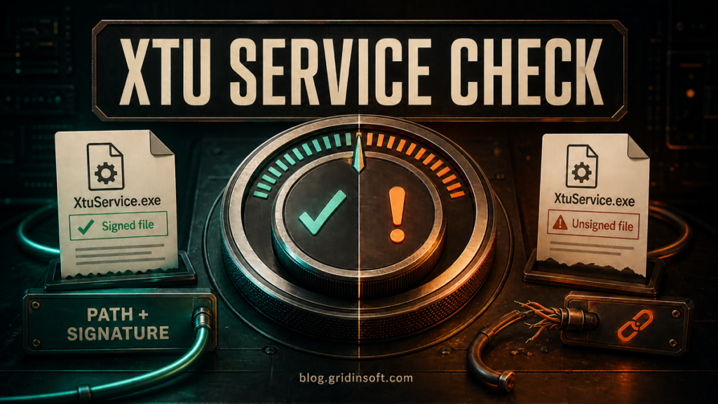 XtuService.exe signed and unsigned file comparison with path and signature checks.
