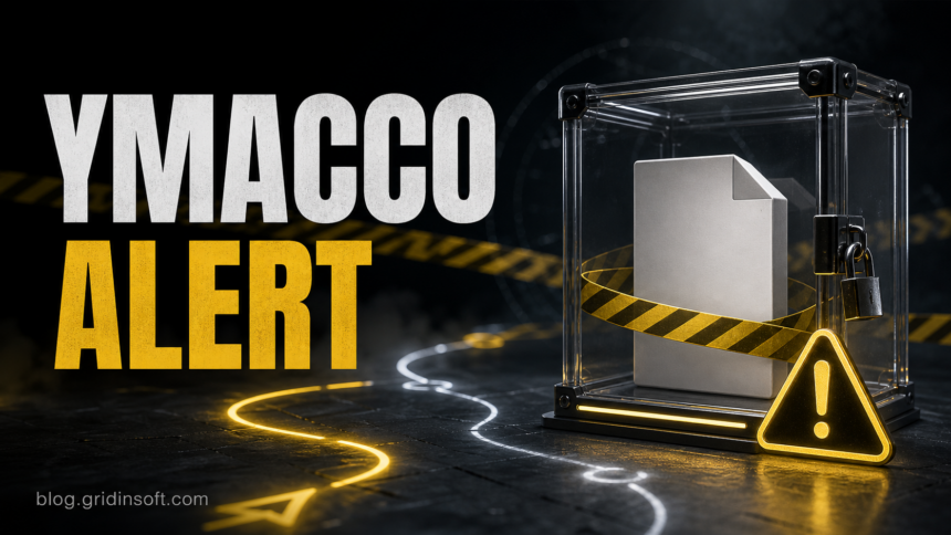 Ymacco alert cleanup scene with a quarantined suspicious file and warning path.