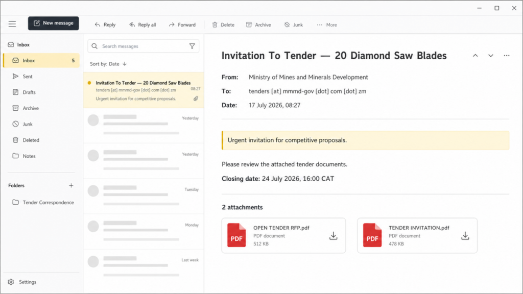 Zambia Ministry Tender Scam: mmmd-gov.com.zm Is Not Official 2 Generic email client showing a fake Zambia ministry tender invitation with two PDF attachments and a look-alike sender domain.