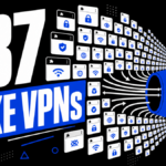 Browser extension tiles flow through a large SOCKS5 proxy pipe under a 737 fake VPN warning.