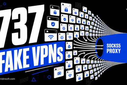 Browser extension tiles flow through a large SOCKS5 proxy pipe under a 737 fake VPN warning.