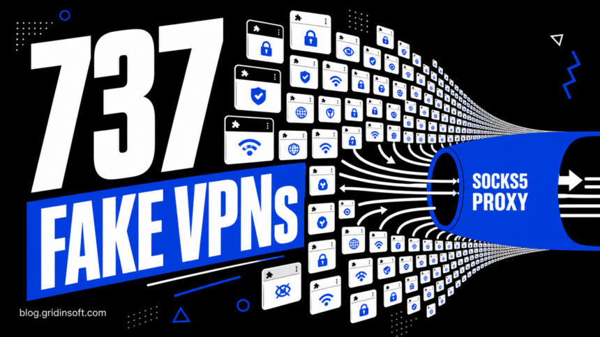 Browser extension tiles flow through a large SOCKS5 proxy pipe under a 737 fake VPN warning.