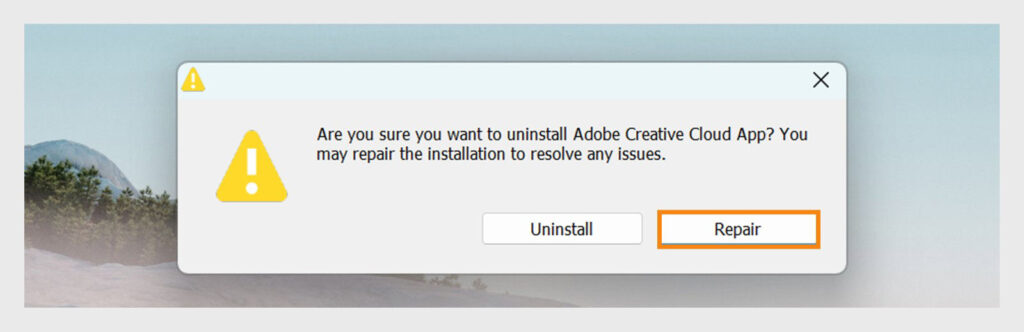 Adobe Creative Cloud uninstaller showing the Repair option on Windows
