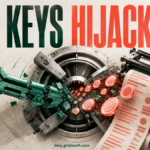 A broken AI API key feeds glowing tokens into a runaway billing meter.
