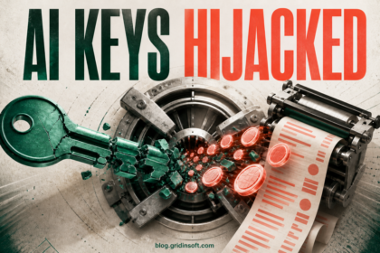 A broken AI API key feeds glowing tokens into a runaway billing meter.