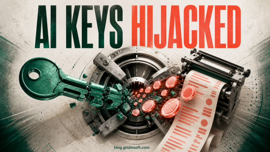 A broken AI API key feeds glowing tokens into a runaway billing meter.