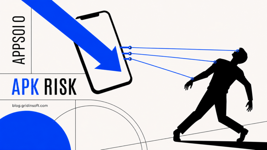 A cobalt download arrow passes through a phone and pulls a user like a marionette.