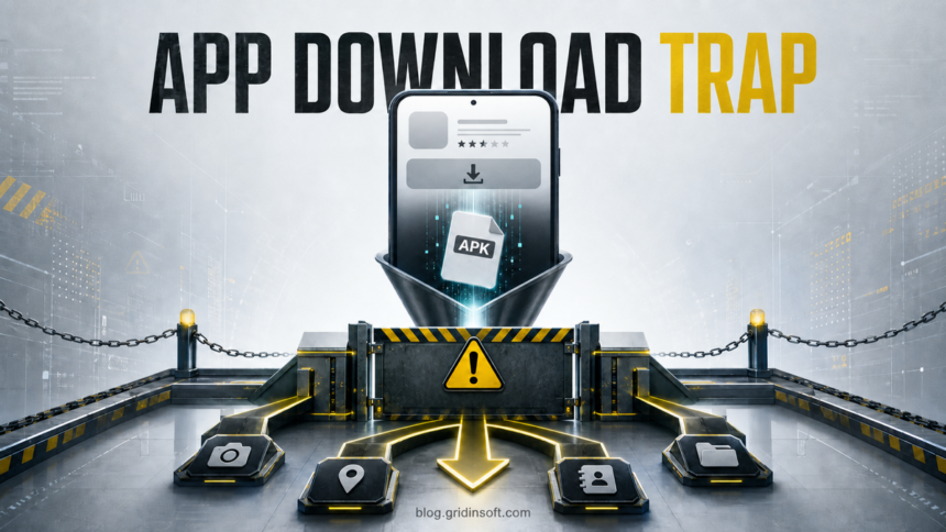 An unverified APK download falling toward a permission gate.