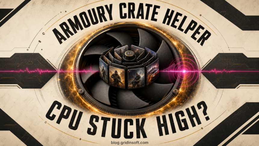 Game library tiles jam a CPU cooling fan during an Armoury Crate helper loop