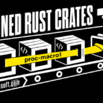 Three Rust crates linked by the malicious proc-macro1 dependency enter a build conveyor.
