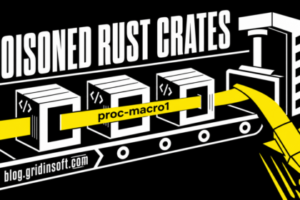Three Rust crates linked by the malicious proc-macro1 dependency enter a build conveyor.
