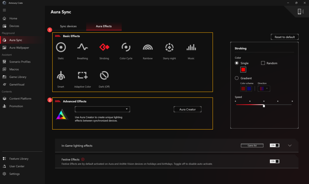 ASUS Armoury Crate Aura Effects screen with Static, Dark Off, and in-game lighting controls.