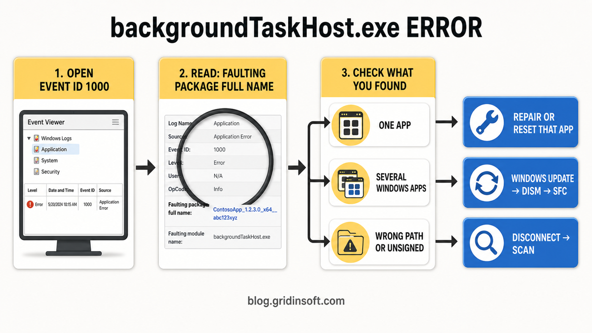 backgroundTaskHost.exe Error: Find the App That Crashed 2 Decision flow for a backgroundTaskHost.exe error using Event ID 1000, the faulting package, and file verification.
