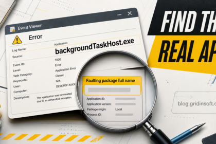 Event Viewer error for backgroundTaskHost.exe with the faulting package name revealed through a magnifying glass.