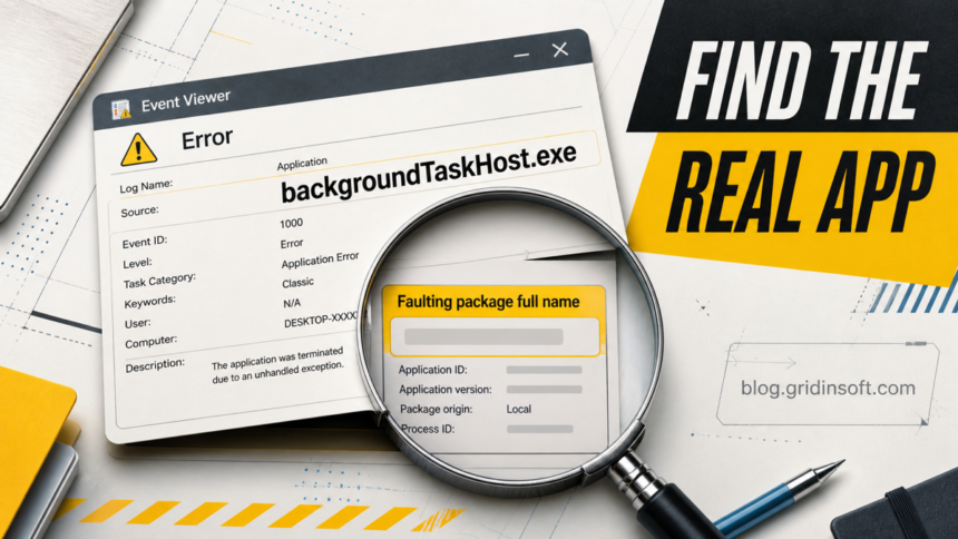 backgroundTaskHost.exe Error: Find the App That Crashed 1 Event Viewer error for backgroundTaskHost.exe with the faulting package name revealed through a magnifying glass.